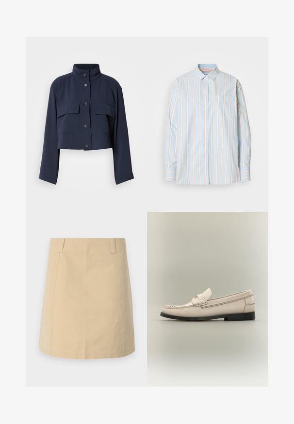 Veste courte bleu marine avec manches longues, col montant, fermeture avant à boutons et deux grandes poches à rabat sur la poitrine.; Chemise bleu clair à boutons, avec des rayures verticales blanches et rose pâle. Comprend une poche poitrine et des poignets rayés contrastés. Texture de tissu douce.; Jupe en coton beige avec une coupe droite, dotée de plis sur le devant, de poches latérales et de détails cousus le long des coutures.; Mocassin pour homme en cuir beige avec semelle noire et détail de sangle décorative sur fond gris clair.