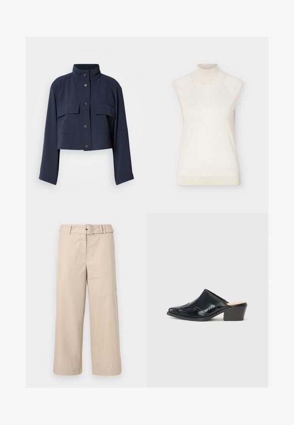 Marineblå cropped jakke med lange ærmer, høj krave, lukning med knapper foran og to store klaplommer på brystet.; Ærmeløs cremefarvet rullekravesweater med ribstrikket krave og kant, vist mod en ensfarvet lys baggrund.; Beige, bredde benbukser lavet af glat stof. Har en bæltestrop i taljen og to sidelommer. Rette sømme og færdigkantet nederste kant.; Sorte patenterede lædermuler med spids tå, en buet design og en lav blokhæl, der har dekorativ syning langs overdelen.