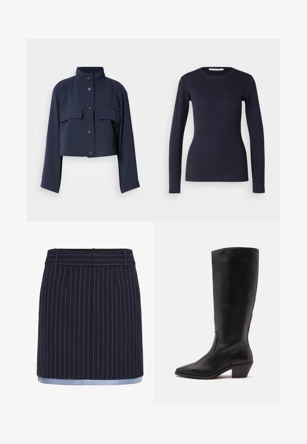 Chaqueta corta azul marino con mangas largas, cuello alto, cierre frontal con botones y dos grandes bolsillos con solapa en el pecho.; Camiseta de manga larga de color navy, confeccionada en algodón suave. Presenta un cuello redondo, forma ajustada y textura acanalada. Diseño simple y de color sólido.; Falda de rayas navy con corte recto, con acentos en azul claro en el dobladillo, fabricada en un tejido texturizado y con una cinturilla ancha.; Bota de cuero negra hasta la mitad de la pantorrilla con puntera puntiaguda y tacón bajo inclinado sobre un fondo claro y liso.