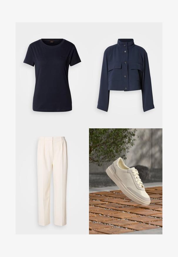 Marineblå cropped jakke med lange ærmer, høj krave, lukning med knapper foran og to store klaplommer på brystet.; Mørkeblå kortærmet T-shirt lavet af bomuld, med rund hals og et lille broderet logo på brystet. Glat tekstur.; Lacoste Bukser - lapland; Hvid BOSS-sneaker med snørebånd, der svæver over et mønstret træ- og småstenbund, grøn busk og grå væg i baggrunden.