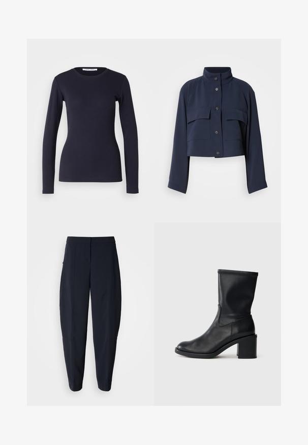Veste courte bleu marine avec manches longues, col montant, fermeture avant à boutons et deux grandes poches à rabat sur la poitrine.; T-shirt à manches longues navy en coton doux. Présente un col rond, une coupe ajustée et une texture côtelée. Design simple et uni.; Pantalon bleu marine fuselé avec taille mi-haute et poches latérales, présentant des détails de coutures subtiles le long des jambes.; Botte en cuir noir à cheville avec un bout rond, texture lisse et un talon épais, présentant un tige ajustée et un subtil détail de couture.
