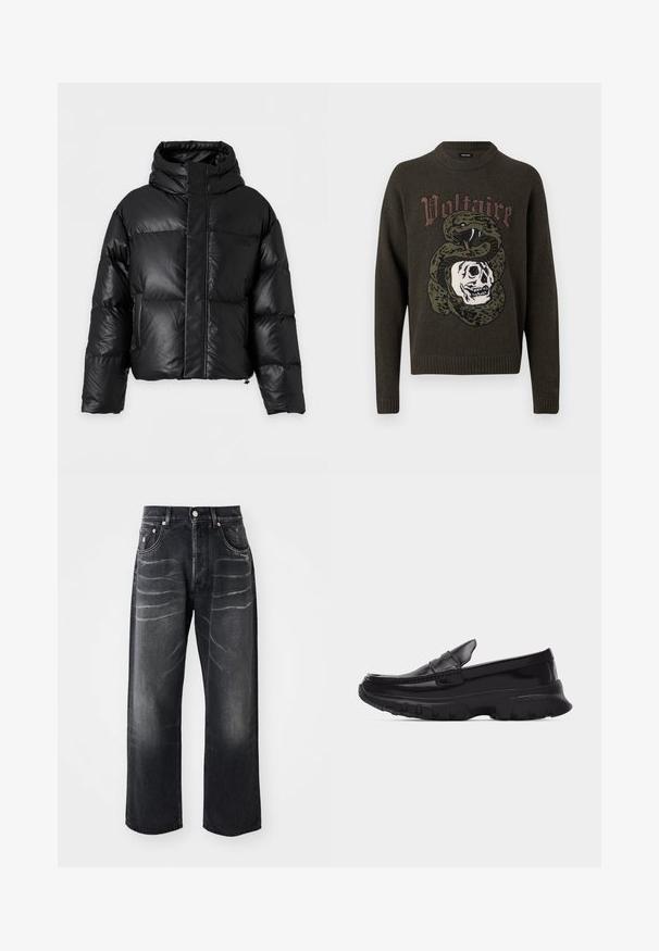 Schwarze Steppjacke mit hohem Kragen, langen Ärmeln und vorne liegendem Reißverschluss, der von einer breiten Klappe verdeckt ist, auf einfarbigem Hintergrund dargestellt.; Dunkelgrüner Pullover mit einer Grafik einer sich schlängelnden Schlange um einen Schädel und dem Wort "Voltaire" über dem Design.; Schwarze gerade Jeans mit verblassten Falten an den Oberschenkeln, Vorderknopf, Reißverschluss und Fünf-Taschen-Design.; Schwarzer glänzender Slipper mit dicker, strukturierter Sohle und gesteppten Details, Seitenansicht vor schlichtem hellgrauem Hintergrund.