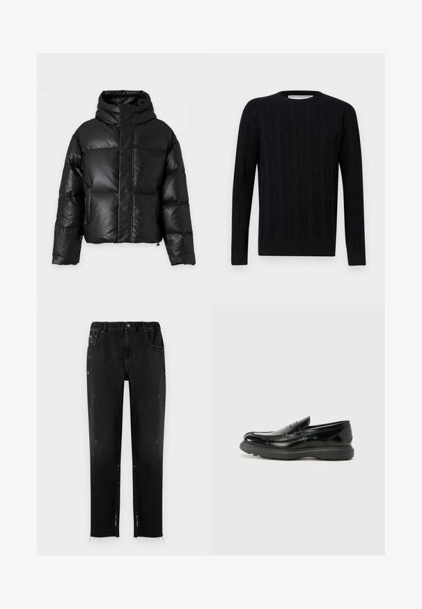 Chaqueta acolchada negra con cuello alto, mangas largas y cremallera frontal oculta por una solapa ancha, presentada sobre un fondo liso.; Suéter negro de manga larga con cuello redondo, con rayas texturizadas verticales y patrón con el nombre de la marca en relieve por todo el tejido.; Vaqueros negros de denim con cinturilla elástica, corte recto, detalles desgastados y dobladillo desflecado. Presenta bolsillos y cierre con botón.; Mocasín de cuero negro con un acabado brillante, punta redondeada, detalles de costura sutiles y una suela de goma gruesa para mayor durabilidad.