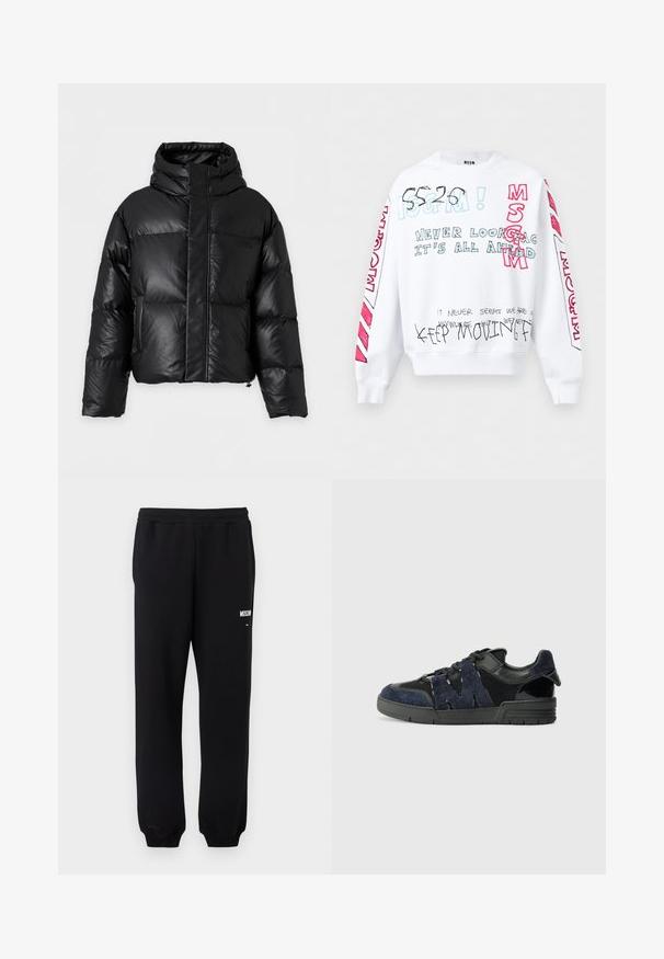 Doudoune noire avec col montant, manches longues et fermeture éclair à l'avant dissimulée sous un large rabat, affichée sur un fond uni.; Sweatshirt blanc à manches longues avec texte manuscrit multicolore comprenant "MSGM", "Ne regarde jamais en arrière, tout est devant" et "Continue à avancer".; Pantalon de survêtement noir avec taille et poignets élastiques, présentant un petit logo "Moschino" blanc sur la partie supérieure de la cuisse gauche.; Des baskets noires et bleu marine en suède et en maille, avec une semelle épaisse et un détail découpé en "M" bien visible sur le côté.