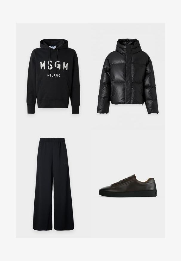 Doudoune noire avec col montant, manches longues et fermeture éclair à l'avant dissimulée sous un large rabat, affichée sur un fond uni.; Hoodie noir avec logo MSGM Milano blanc à l'avant, doté d'une poche frontale et d'une capuche avec cordon de serrage.; Pantalons larges noirs en tissu en maille texturée. Dotés d'une taille élastique et d'une impression de logo discrète sur le côté.; Baskets basses en cuir marron foncé avec semelle en caoutchouc noire, lacets à l'avant et design minimaliste épuré sur fond clair.
