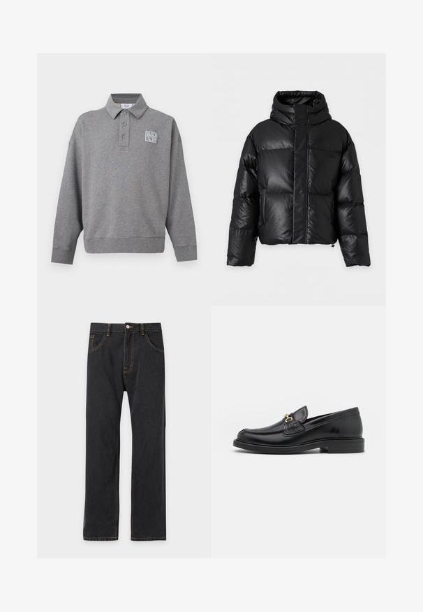 Doudoune noire avec col montant, manches longues et fermeture éclair à l'avant dissimulée sous un large rabat, affichée sur un fond uni.; Sweat-shirt polo gris à manches longues avec trois boutons et un petit patch logo blanc "Maison Kitsuné" sur la poitrine gauche.; Jean noir droit avec des coutures orange contrastantes, bouton avant et poches sur un fond clair uni.; Mocassins en cuir noir avec un embout rond, présentant des accents en métal doré et des détails de couture, montés sur une semelle en caoutchouc texturé et basse.