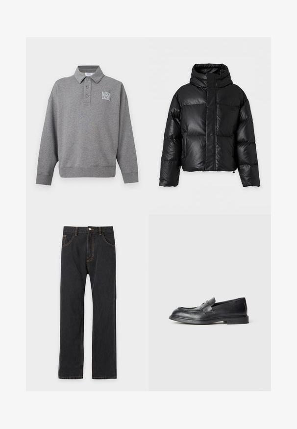Doudoune noire avec col montant, manches longues et fermeture éclair à l'avant dissimulée sous un large rabat, affichée sur un fond uni.; Sweat-shirt polo gris à manches longues avec trois boutons et un petit patch logo blanc "Maison Kitsuné" sur la poitrine gauche.; Jean noir droit avec des coutures orange contrastantes, bouton avant et poches sur un fond clair uni.; Mocassins en cuir noir avec une finition texturée, dotés d'une bride décorative à l'avant et d'un bout arrondi. Semelle en caoutchouc pour plus de durabilité.