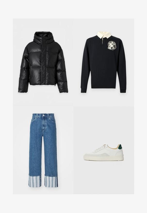 Schwarze Steppjacke mit hohem Kragen, langen Ärmeln und vorne liegendem Reißverschluss, der von einer breiten Klappe verdeckt ist, auf einfarbigem Hintergrund dargestellt.; Schwarzes langärmeliges Poloshirt mit einem cremefarbenen Kragen und einem Astronautenmotiv auf der linken Brust. Hergestellt aus Baumwollstoff.; Weite Denim-Jeans in Mittelblau, mit einem Saum in Blau- und Weißstreifen. Klassisches Fünf-Taschen-Design mit Knopfverschluss.; Weiße Sneaker mit Wildlederelementen, runder Zehenpartie, flachen Schnürsenkeln und einer cremefarbenen Gummisohle. Mit grünen Markenlogo am Fersenbereich.