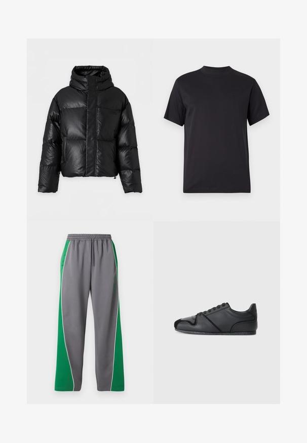 Schwarze Steppjacke mit hohem Kragen, langen Ärmeln und vorne liegendem Reißverschluss, der von einer breiten Klappe verdeckt ist, auf einfarbigem Hintergrund dargestellt.; Schwarzes T-Shirt mit kurzen Ärmeln, hohem Rundhalsausschnitt und normaler Passform, dargestellt auf einem schlichten hellgrauen Hintergrund.; Graue Trainingshose mit breiten grünen Seitenstreifen und weißer Paspelierung, elastischem Bund mit Kordelzug und dezentem Schriftzug am rechten Oberschenkel.; Schwarze Sportschuhe mit einem glatten Lederoberteil, subtilen strukturierten Akzenten und einer kontrastierenden schwarzen Wildlederkappe. Mit einer Gummisohle.
