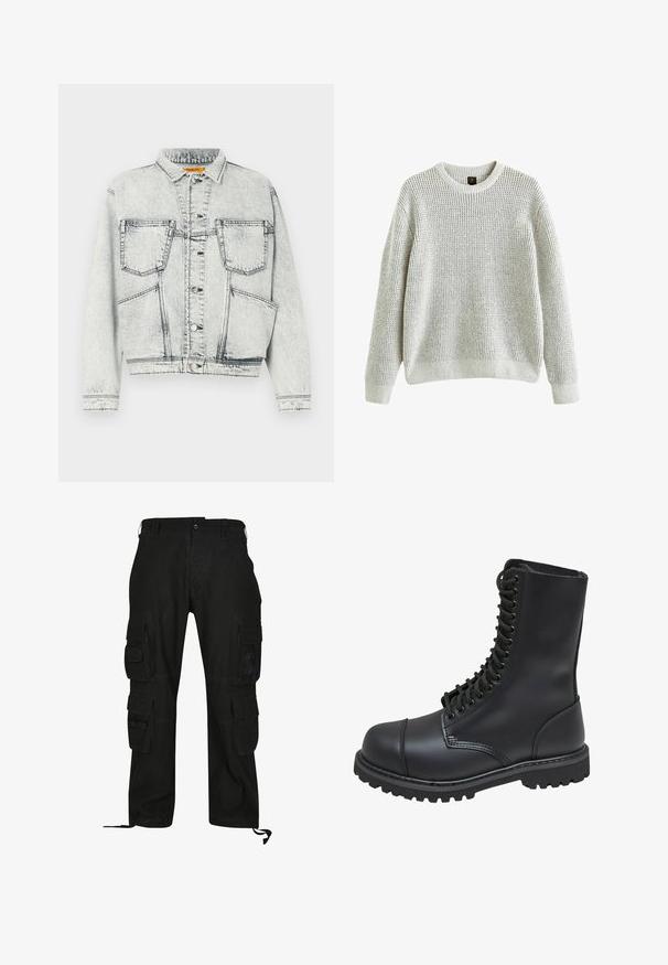 Hellblaue Jeansjacke mit durchgehender Knopfleiste, zwei Brusttaschen, langen Ärmeln und kontrastierenden Nähten.; Grau gestrickter Pullover mit einem gerippten Rundhalsausschnitt, langen Ärmeln und lockerer Passform. Strukturmuster, weicher Stoff sowie gerippte Bündchen und Saum.; Schwarze Cargo-Hosen aus strapazierfähigem Material, mit mehreren Seitentaschen, lässiger Passform und verstellbaren Fußgelenkriemen.; Schwarze Lederkampfstiefel mit hohem Schaft, Schnürung an der Vorderseite, gepolstertem Kragen und rutschfester, strukturierter Sohle für guten Halt. Mit verstärkter Zehenkappe.