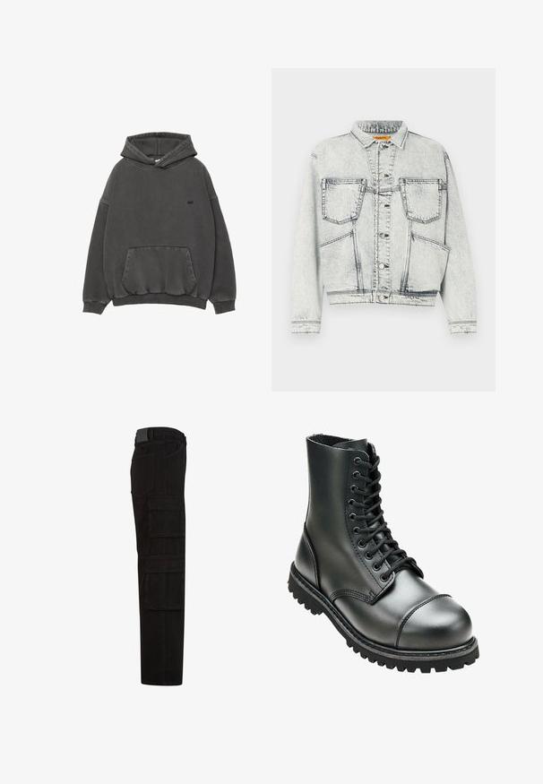 Veste en jean délavée avec fermeture à boutons à l'avant, deux poches poitrine, manches longues et détails de couture contrastés.; Sweatshirt à capuche gris foncé avec poche kangourou à l'avant, poignets et ourlet côtelés, et petit logo noir brodé sur la poitrine.; Pantalon cargo noir avec plusieurs grandes poches à rabat, passants de ceinture, et une coupe droite, vu de côté.; Botte de combat en cuir noir avec une tige haute, bout rond, laçage sur le devant et semelle en caoutchouc robuste avec un profil de crantage profond pour une meilleure adhérence.