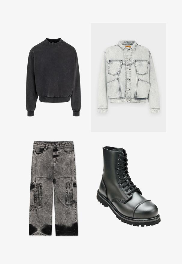 Licht gewassen denim jacket met voor sluiting met knopen, twee borstzakken, lange mouwen en contrasterende stiksel details.; Zwarte cropped sweatshirt met ronde halslijn, ribgebreide manchetten en onderkant. Gemaakt van zachte stof met een licht vervaagd uiterlijk.; FAVELA BIG POCKET - Wijde jeans - black acid washed; Zwarte leren combatboot met hoge enkel, ronde neus, vetersluiting aan de voorkant, en robuuste rubberen zool met diepe profiel voor grip.