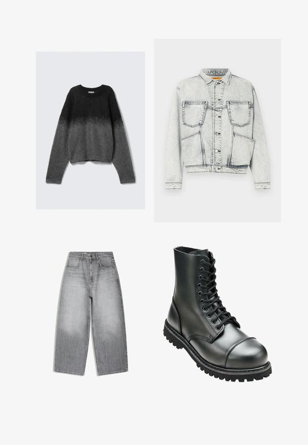 Veste en jean délavée avec fermeture à boutons à l'avant, deux poches poitrine, manches longues et détails de couture contrastés.; Pull en laine avec un col rond, fabriqué dans un tissu doux et duveteux. Présente un dégradé de gris foncé à gris clair, avec de longues manches.; Jean en denim gris taille haute avec une coupe large aux jambes, poches avant et fermeture à boutons, présenté à plat sur fond blanc.; Botte de combat en cuir noir avec une tige haute, bout rond, laçage sur le devant et semelle en caoutchouc robuste avec un profil de crantage profond pour une meilleure adhérence.