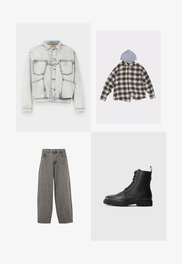 Lysvasket denimjakke med frontlukning med knapper, to brystlommer, lange ærmer og kontraststing detaljer.; Flannelskjorte i beige og brun ternet mønster med en grå hætte. Har et stort, oversize design, metalnitter på kraven og knaplukning.; Grå denim bukser med høj talje, brede ben, klassisk fem-lomme design og knaplukning foran. Let struktureret finish.; Sort læder ankelstøvle med rund tå, snøredesign og metaløjer. Har en tekstureret sål og en pull-tab ved hælen for nem påtagning.