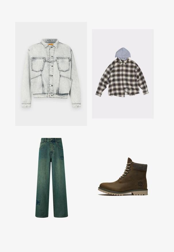 Licht gewassen denim jacket met voor sluiting met knopen, twee borstzakken, lange mouwen en contrasterende stiksel details.; Flanellen overhemd in beige en bruin geruit patroon met een grijze capuchon. Heeft een oversized ontwerp, metalen studs op de kraag en knoopsluitingen.; Brede jeans in donkerblauwe denim met een subtiele vervaagde textuur. Bevat achterzakken en een decoratieve logo-detail.; Bruine leren veter enkellaars met gevoerde kraag, robuust zool en reliëflogo aan de zijkant, ontworpen voor buitengebruik.