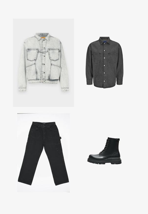 Lysvasket denimjakke med frontlukning med knapper, to brystlommer, lange ærmer og kontraststing detaljer.; Sort denimjakke med knaplukning foran, to brystlommer og lange ærmer. Har en spids krave og sølv snaplukninger.; Sorte denimbukser med lige ben-design, der har en frontknaplukning, baglommer og en sidelomme.; Sort læder militærstøvle med snørebånd, tyk gummisål og syninger, vist fra siden på hvid baggrund.