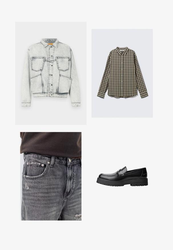 Lysvasket denimjakke med frontlukning med knapper, to brystlommer, lange ærmer og kontraststing detaljer.; Langærmet skjorte med knapper, der har et ternet mønster i mørkeblå, beige og sort, med spread krave og rundet kant.; Close-up af falmede sorte denimjeans med små slidte mærker nær den forreste lomme, båret med en brun skjorte stoppet ind i bukserne og et brunt bælte.; Sort læderloafer med kraftig sål og dekorativ rem henover, vist i venstre sideprofil på hvid baggrund.