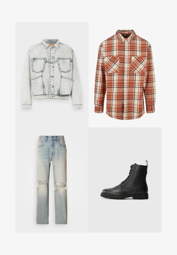 Licht gewassen denim jacket met voor sluiting met knopen, twee borstzakken, lange mouwen en contrasterende stiksel details.; Geruite shirt in oranje en crème, met zwarte accenten. Gemaakt van gestructureerde stof met een kraag en twee borstzakken.; Lichtblauwe denim jeans met een hoge taille, wijde benen en opvallende scheuren bij de knieën. Heeft rafelige randen en subtiele vervaging.; Zwarte leren enkellaars met ronde neus, vetersluiting en metalen oogjes. Beschikt over een gestructureerde zool en een trekstrip aan de hiel voor gemakkelijk aan- en uittrekken.