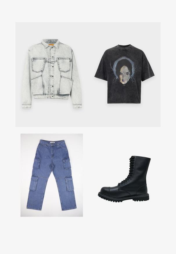 Chaqueta de mezclilla de lavado claro con cierre de botones en la parte delantera, dos bolsillos en el pecho, mangas largas y detalles de costura en contraste.; Camiseta de gran tamaño de color gris oscuro con un gráfico de la cara de una mujer y líneas azules abstractas que rodean su cabeza.; Pantalones cargo de mezclilla azul con múltiples bolsillos laterales, un diseño de pierna recta y una cinturilla clásica. La tela tiene una ligera textura y desvanecimiento.; Botín de cuero negro con cordones, punta redonda, caña alta, suela de goma gruesa y superficie texturizada. Presenta costuras reforzadas a lo largo de las uniones.