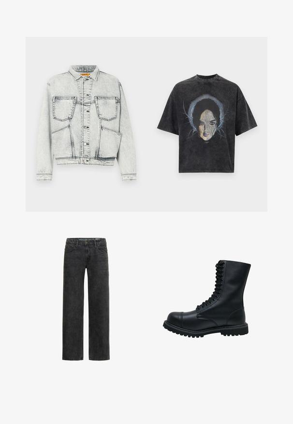 Licht gewassen denim jacket met voor sluiting met knopen, twee borstzakken, lange mouwen en contrasterende stiksel details.; Oversized donkergrijs T-shirt met een afbeelding van een vrouwengezicht en abstracte blauwe lijnen rondom haar hoofd.; Zwarte denim jeans met een ontspannen pasvorm, rechte pijpen, vijf-pocket ontwerp en een subtiele vervaagde textuur. Voorzien van een knoop- en ritssluiting.; Zwarte leren veterschoen met een ronde neus, hoge schacht, dikke rubberen zool en een gestructureerd oppervlak. Heeft versterkte stiksels langs de naden.