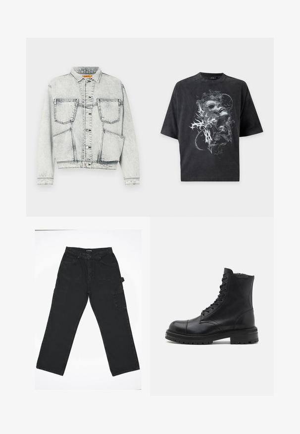 Hellblaue Jeansjacke mit durchgehender Knopfleiste, zwei Brusttaschen, langen Ärmeln und kontrastierenden Nähten.; Schwarzes oversized Kurzarm-T-Shirt mit grauer abstrakter Grafik eines verzerrten Gesichts und organischen Formen auf der Vorderseite.; Schwarze Denim-Hose mit geradem Bein, ausgestattet mit einem Frontknopfverschluss, Gesäßtaschen und einer seitlichen Cargo-Tasche.; AllSaints HANK - Schnürstiefelette - black