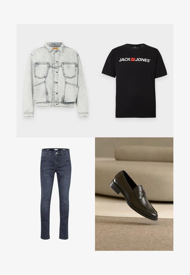 Licht gewassen denim jacket met voor sluiting met knopen, twee borstzakken, lange mouwen en contrasterende stiksel details.; Zwart katoenen T-shirt met ronde hals, voorzien van de witte tekst "JACK & JONES" in een vet lettertype en een rode accentdoos. Korte mouwen.; Donkerblauwe denim jeans met een slim fit, voorzien van vijf zakken, lichte stiksel en een klassiek ritsopening met knoopsluiting.; Zwarte leren loafer zwevend boven een beige tapijt met een beige bank op de achtergrond, met een klassiek mannenmodel instapontwerp.