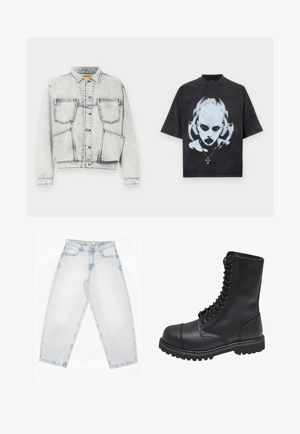 Licht gewassen denim jacket met voor sluiting met knopen, twee borstzakken, lange mouwen en contrasterende stiksel details.; Zwart oversized T-shirt met een wit grafisch ontwerp van een kale persoon met donkere ogen, lippenstift, piercings en een ketting met een kruisje.; Lichtgewassen spijkerbroek met een hoge taille, rechte, wijde pijpen, knoop- en ritssluiting en voor- en achterzakken.; Zwarte leren gevechtslaars met een hoge schacht, vetersluiting aan de voorkant, gewatteerde kraag en een stevige, gestructureerde zool voor grip. Bevat een versterkte neus.