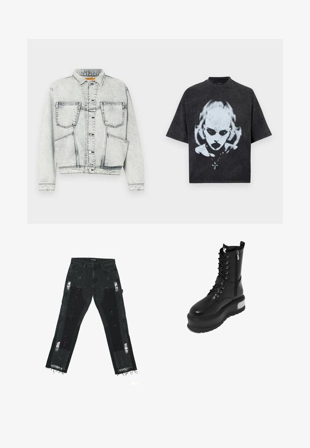 Veste en jean délavée avec fermeture à boutons à l'avant, deux poches poitrine, manches longues et détails de couture contrastés.; T-shirt noir oversize avec un graphisme blanc représentant une personne chauve aux yeux foncés, rouge à lèvres, piercings et un collier avec un pendentif en forme de croix.; Jeans en denim noir avec des patches déchirés, des ourlets effilochés et des accents texturés. Taille mi-haute avec un design standard à cinq poches.; Bottes de combat en cuir synthétique noir avec une plateforme épaisse, présentant un laçage à l'avant, une fermeture éclair et un accent métallique sur le talon.