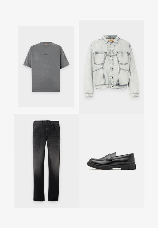Veste en jean délavée avec fermeture à boutons à l'avant, deux poches poitrine, manches longues et détails de couture contrastés.; T-shirt gris charbon à manches courtes, col rond, avec petit logo "Replay Inc." brodé centré sur la poitrine.; Jean en denim noir avec un effet délavé, coupe droite, style cinq poches et fermeture par bouton en métal. Texture lisse avec des détails subtils.; Mocassin en cuir noir avec une large sangle sur le devant, semelle en caoutchouc à épaisse rainure, et texture lisse. Design classique et élégant.