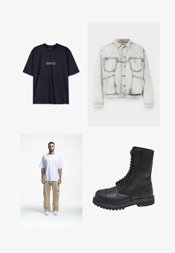 Lysvasket denimjakke med frontlukning med knapper, to brystlommer, lange ærmer og kontraststing detaljer.; Sort bomulds t-shirt med rund hals, prydet med et hvidt trykt logo "Pescador Club" og "Scent of Summer" på fronten. Korte ærmer.; Hvid bomulds t-shirt med en afslappet pasform, parret med beige cargo bukser med sidelommer og hvide sneakers. Enkel og praktisk design.; Sort læder kampstøvle med høj skaft, snørebånd foran, polstret krave og en robust tekstureret sål for godt greb. Har forstærket tåhætte.