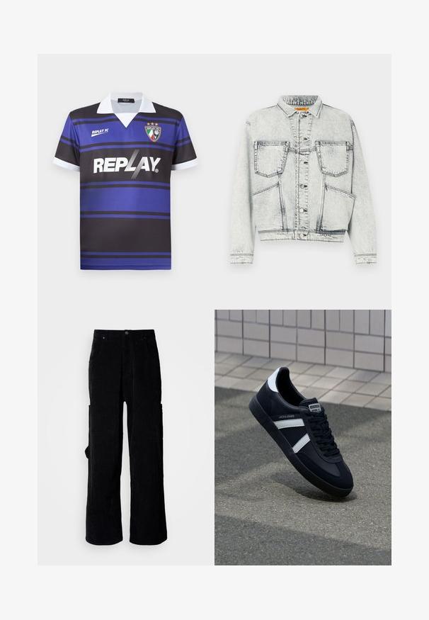 Chaqueta de mezclilla de lavado claro con cierre de botones en la parte delantera, dos bolsillos en el pecho, mangas largas y detalles de costura en contraste.; Camisa de fútbol negra y azul con rayas horizontales, cuello blanco y logo "REPLAY". Presenta un emblema de escudo con estrellas encima.; Pantalones anchos de pana negra con tejido texturizado, dos bolsillos delanteros y un bolsillo lateral tipo cargo. Cierre de botón en la cintura.; Zapatilla de cuero negra con rayas blancas, suela de goma texturizada y parte frontal con cordones. Cuenta con una etiqueta de marca en la lengüeta.