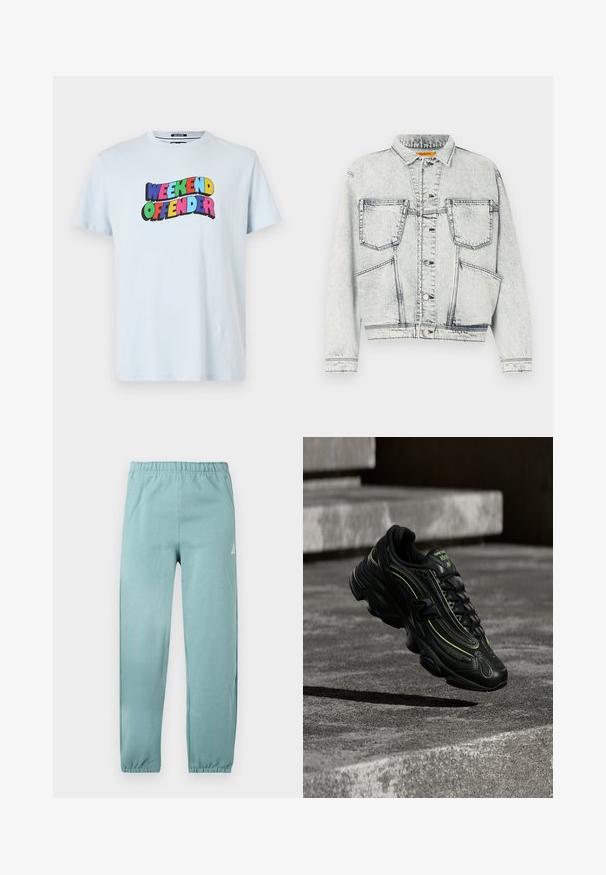 Hellblaue Jeansjacke mit durchgehender Knopfleiste, zwei Brusttaschen, langen Ärmeln und kontrastierenden Nähten.; Hellblaues Baumwoll-T-Shirt mit einem bunten "WEEKEND OFFENDER"-Grafikdruck über der Brust in fetten, verspielten Schriftarten.; Helle türkisfarbene Jogginghose aus weichem Stoff, mit einem elastischen Bund, schmal zulaufenden Säumen und einem kleinen Logohighlight an der Seite.; Schwarzer New Balance Sneaker mit neongrünen Akzenten, der über grauen Betontreppen bei schwacher Beleuchtung schwebt.