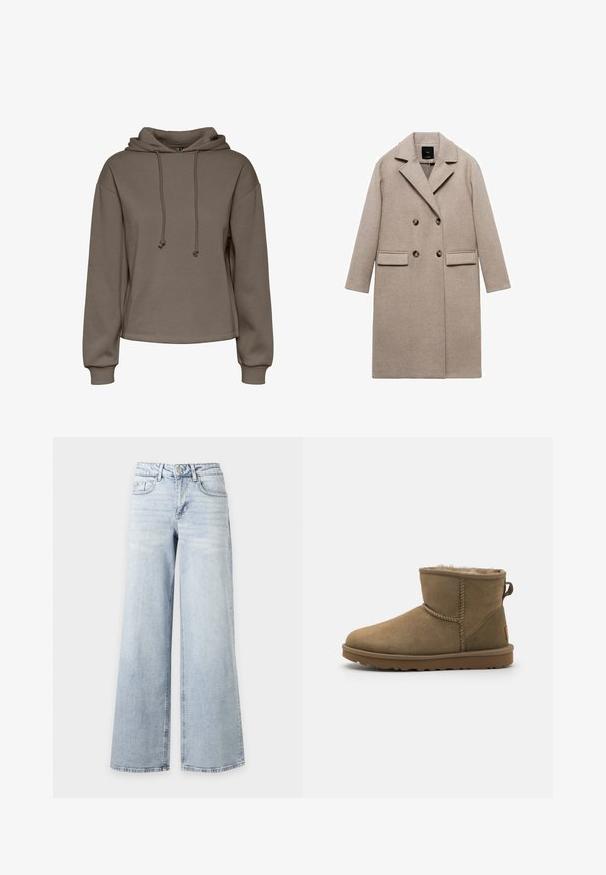 Beige wollen jas met een dubbelzijdig ontwerp, geknoopte kleppen en twee voorzakken. Gladde textuur met donkere ronde knopen.; Bruine capuchontrui met trekkoorden, brede mouwen en een cropped ontwerp. Zachte textuur met geribde manchetten en een rechte zoom.; Lichtblauwe, hoge taille, wijde jeans met knoop- en ritssluiting, voor- en achterzakken, afgebeeld op een effen witte achtergrond.; Bruine suède enkelboot met een zachte, pluizige voering, ronde neus en een lusaccent aan de achterkant. Vlakke rubberen zool met een gestructureerde grip.
