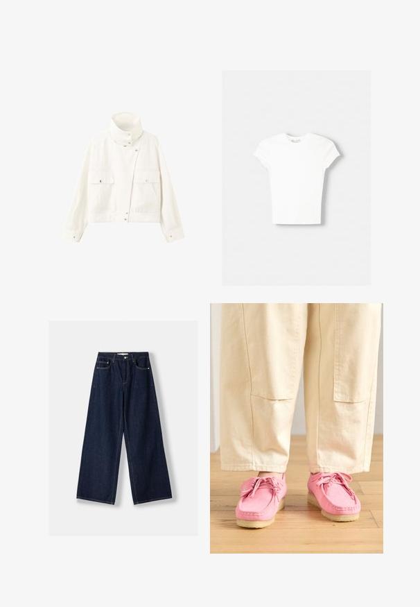 Hvid cropped jakke med høj krave, lange ærmer, front lynlåse og to klaplommer med knaplukning.; Hvid kortærmet t-shirt lavet af blød bomuld, med rund halsudskæring og en tætsiddende form. Ingen synlige mønstre eller udsmykninger.; Mørkeblå vidde denimjeans med knap- og lynlås foran, forlommer og bæltestropper, lagt fladt på en hvid baggrund.; Lyserøde ruskinds mokkasiner med snørebånd, med en struktureret overflade og en lys beige gummisål, parret med beige bukser.