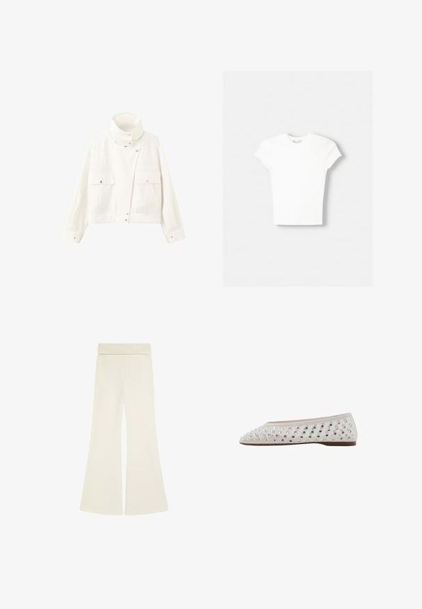 Veste courte blanche avec col montant, manches longues, boutons-pression à l’avant et deux poches à rabat avec fermeture par boutons.; T-shirt blanc à manches courtes en coton doux, avec un col rond et une coupe ajustée. Pas de motifs ni d'ornements visibles.; Pantalon large de couleur crème avec une taille haute, tissu lisse, sans fermetures ni poches visibles, présenté à plat sur fond blanc.; Ballerines en tissu crème avec des paillettes argentées disposées en motif de points, bout rond et semelle brune basse. Dessus texturé pour une touche de détail supplémentaire.