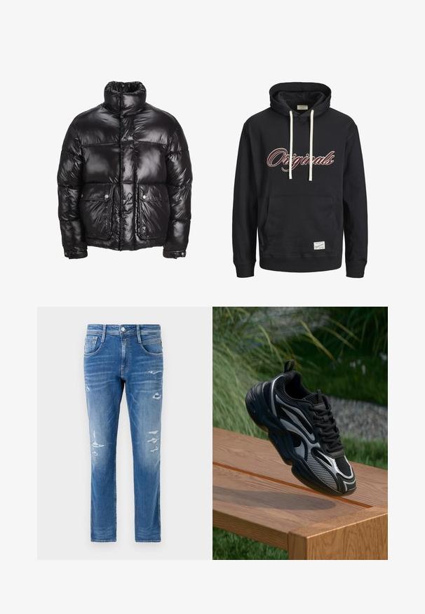 Čierna puffa bunda z lesklého materiálu, s vysokým golierom, dvoma prednými vreckami so zapínaním na cvoky a polstrovaným dizajnom.; Čierna mikina s kapucňou s bielymi šnúrami, hnedým a bielym textom "Originals" na hrudi, predným vreckom a štítkom na lemovaní.; Džínsy v svetlom modrom praní s bežným strihom. Obsahujú poškodené detaily a jemné vrásenie okolo vreciek a kolien.; Čierne a šedé športové tenisky so sieťovinou a reflexnými akcentmi balansujúce na hrane drevenej lavice vonku.