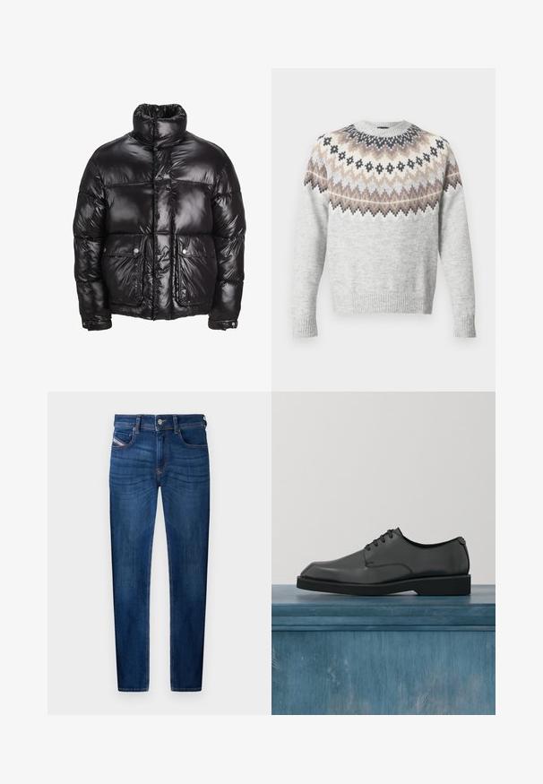 Sort pufferjakke lavet af skinnende materiale, med højt krave, to forlommer med tryklåse og polstret design.; Lysegrå sweater med lange ærmer, der har et mønstret bærestykke i creme, brun og sort. Ribstrikkede ærmekanter og kant forneden tilføjer tekstur.; Mørkeblå denim jeans med lige ben, fem-lomme design, synlige syninge detaljer og metal knaplukning.; Sorte læder snørebåndssko med en glat overflade, rund tå og gummisål. Minimalistisk design, ingen synlige mønstre eller logoer.