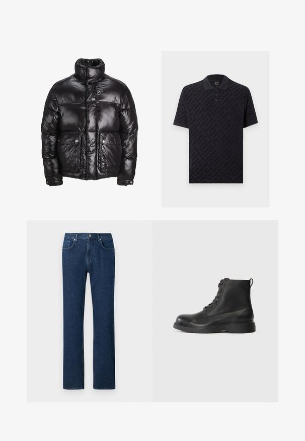 Sort pufferjakke lavet af skinnende materiale, med højt krave, to forlommer med tryklåse og polstret design.; Sort poloshirt med korte ærmer og et diskret gentagende Armani Exchange-logo mønster samt en tre-knaps lukning.; Mørkeblå denim jeans med lige pasform, der har en frontknaplukning, bæltestropper og standard lomme-design.; Sort ankelstøvle lavet af struktureret læder med rund tå, snørelukning og en robust sort gummisål. Har en løkke ved hælen.