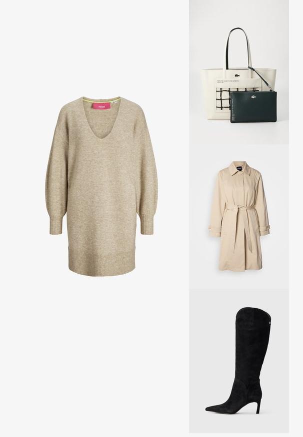 Beige trenchcoat met een ceintuur in de taille, knoopmanchetten en een kraag. Gemaakt van gladde, lichte stof.; Beige gebreide jurk met lange mouwen, V-hals en geribbelde manchetten en zoom, met een losse, comfortabele pasvorm.; Hoge zwarte suède knieboots met een puntige neus en een slanke mid-high hak op een lichtgrijze achtergrond.; Tote bag in off-white, met een gridontwerp en geborduurd logo. Inclusief een afneembare donkergroene pouch met textuur en zilveren accenten.