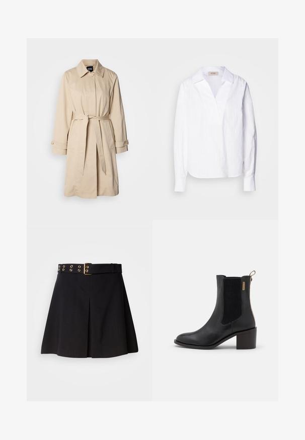 Beige trench coat vööga, nööpide ja kaelusega. Valmistatud siledast, kergest kangast.; Valge pika varrukaga särk, mis on valmistatud kergest tekstuuriga kangast, millel on V-kaelus, üle mõõtu krae ja peened vertikaalsed triibud.; Must mustripsiga seelik laia vööga, millel on kuldne metallist riistvara ja augukujulised detailid, valmistatud siledast kangast ning disainitud kohandatud lõikega.; Must mustažav varba nahk king, millel on sooniline elastne külgpanel ja väike tõmbe Loop. Omab paksu kontsa ja siledat viimistlust.