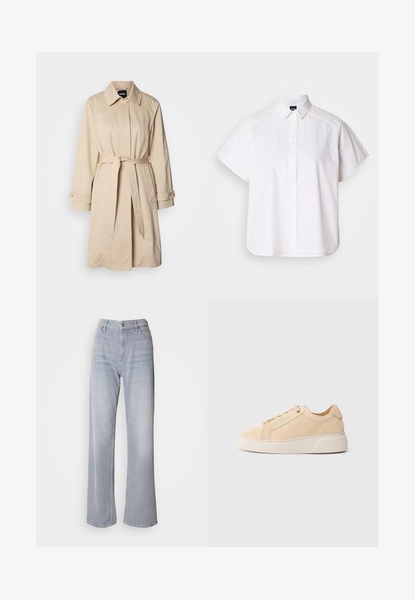 Beige Trenchcoat mit tailliertem Gürtel, geknöpften Bündchen und Kragen. Hergestellt aus glattem, leichtem Material.; Weißes kurzärmliges Hemd mit Knopfleiste, spitzem Kragen und abgerundetem Saum. Hergestellt aus Baumwolle mit glatter Textur und ohne sichtbare Muster.; Helle graue High-Waist-Jeans mit weit geschnittenem Bein, aus Denim. Verfügt über Fronttaschen, einen Reißverschluss und dezente Ausbleichungen an verschiedenen Stellen.; Beiger Wildledersneaker mit abgerundeter Spitze, tonalem Schritt und dicker weißer Gummisohle. Verfügt über flache Schnürsenkel und ein minimalistisches Design.