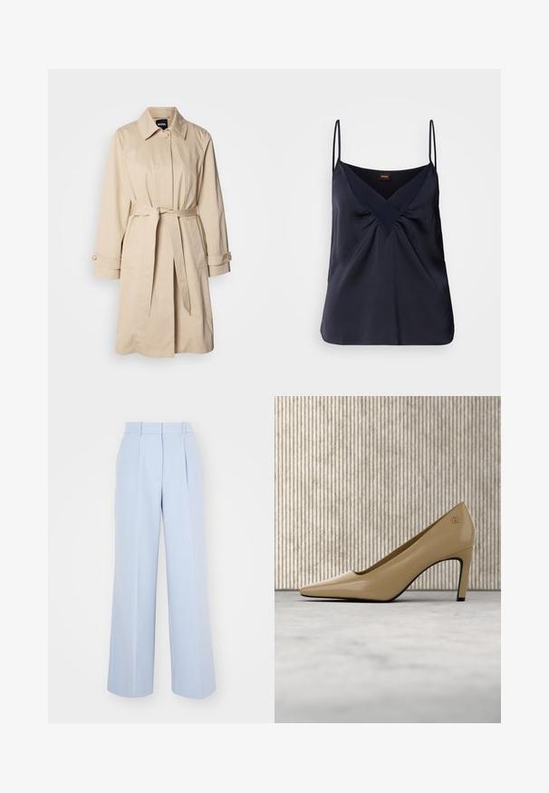Beige trenchcoat med bælte i taljen, knaplukning ved ærmerne og krave. Fremstillet af glat, letvægtsstof.; Marineblå silke top med tynde stropper, V-udskæring og samlede detaljer ved brystet; glat tekstur og løs pasform.; Lysblå vidde bukser med høj talje, der har plisseringer foran, lavet af et glat, vævet stof. Ingen synlig hardware.; Beige høje hæle med spids tå og lille gyldent emblem, placeret opret på reflekterende overflade nær metal arkivholder.