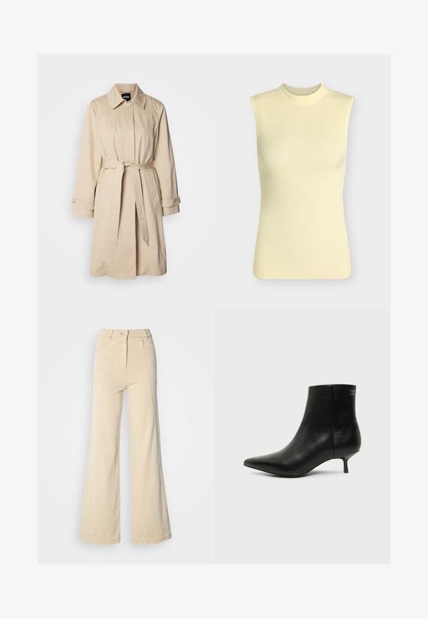Beige trench coat vööga, nööpide ja kaelusega. Valmistatud siledast, kergest kangast.; Varrukateta soonikkoes kootud top kahvatu kollase värvusega, kõrge ümara kaelusega, vormiv ja pehme tekstuuriga kangaga.; Beezhi laia säärega teksad kõrge vöökoht, esipocketid ja kontrastne õmblus, millel on nuppe sulgemine ja sile puuvillane tekstuur.; Mustast nahast pahkluukõrge saabas terava otsaga ja madala kassist kannaosaga heledal taustal, näidates välisvaadet.