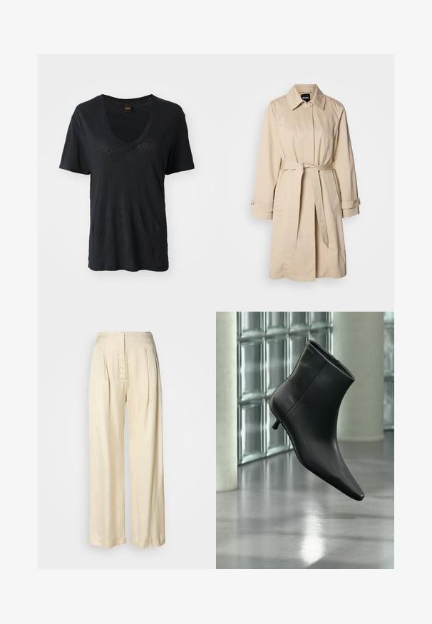 Beige trench coat vööga, nööpide ja kaelusega. Valmistatud siledast, kergest kangast.; Mustavärviline lühikeste varrukatega V-kaelusega T-särk, mis on valmistatud pehmest kangast, mugava lõikega ja mille esiosas on peened tekstuurilised detailid.; Kõrge vöökohaga kreemjas siidpüksid voldikute, laiade säärte ja varjatud esikinnituslukkuga, valgel ühevärvilisel taustal.; Mustast nahast pahkluu saabas terava varbaotsaga ja madala Kitsuki kontsaga, kuvatud nurga alt läikiva põranda ja klaasplokkseinaga taustal.