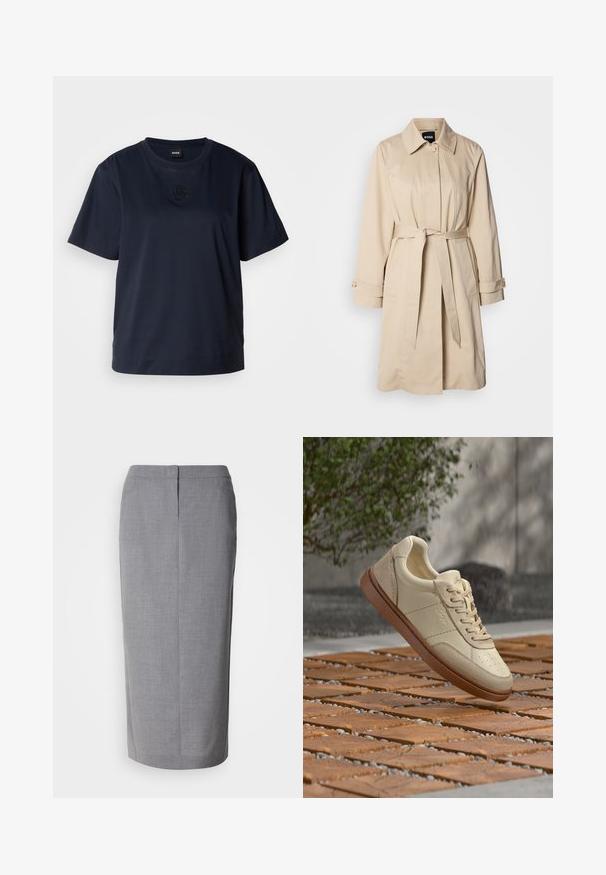 Beige trenchcoat med bælte i taljen, knaplukning ved ærmerne og krave. Fremstillet af glat, letvægtsstof.; Marineblå kortærmet t-shirt lavet af blødt bomuld. Har en rund halsudskæring og et diskret broderet logo på brystet.; Grå blyantskirt lavet af struktureret stof, med lige snit, bagslæb og skjult lynlås lukning bagpå.; Beige lædersneaker med brun sål, der svæver over en flisebelagt udendørs overflade med spredte små sten og grønne blade i baggrunden.