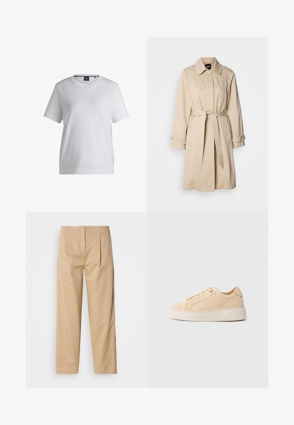 Trench coat beige con cintura ceñida, puños abotonados y cuello con solapa. Fabricado con un tejido suave y ligero.; Camiseta de algodón blanca con cuello redondo, mangas cortas y un corte relajado. Presenta una pequeña etiqueta de la marca cerca del cuello.; Pantalones de algodón beige con un corte relajado, que cuentan con dos pliegues frontales, pierna recta y un cierre clásico de botón en la cintura.; Zapatilla de ante beige con puntera redondeada, costuras tonales y suela gruesa de goma blanca. Cuenta con cordones planos y diseño minimalista.