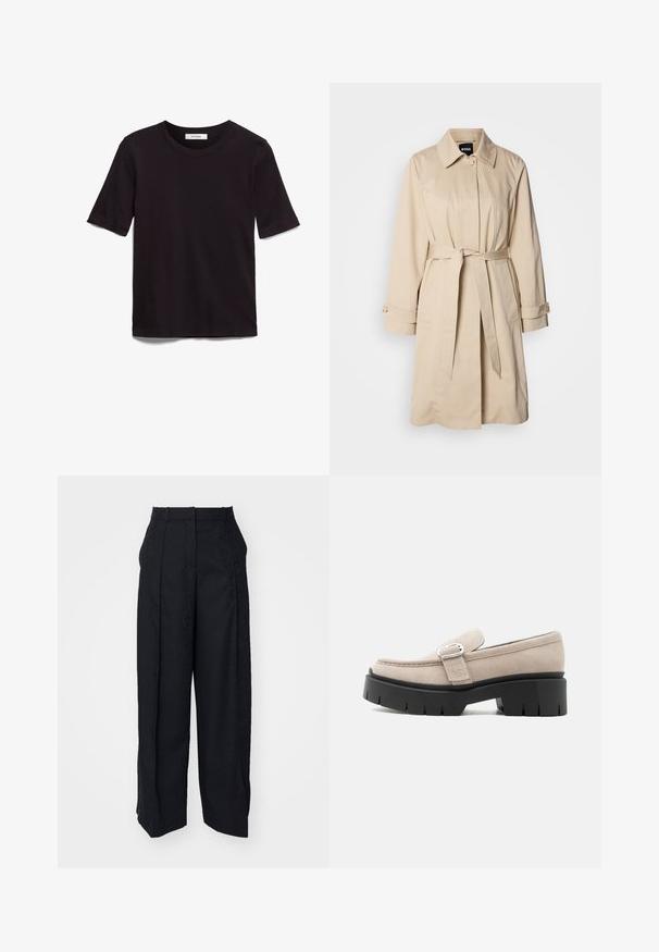 Beige trenchcoat met een ceintuur in de taille, knoopmanchetten en een kraag. Gemaakt van gladde, lichte stof.; Zwarte T-shirt met korte mouwen van zacht katoen, met een ronde hals en een gladde, gelijkmatige textuur met een minimaal ontwerp.; Zwarte broek met een gestructureerd patroon. Voorzien van een geplooide voorkant, zijzakken en een recht model. Het materiaal lijkt glad te zijn.; Beige suède loafer met zilveren gesp en dikke zwarte chunkysouw, zijaanzicht op witte achtergrond.