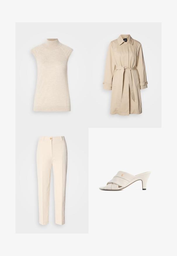 Beige trenchcoat met een ceintuur in de taille, knoopmanchetten en een kraag. Gemaakt van gladde, lichte stof.; Beige hooggesloten mouwloze top, gemaakt van zachte, gestructureerde stof. Beschikt over raglan-schouderpassen en een getailleerde pasvorm. Geschikt voor gelaagde outfits.; Crèmekleurige, hooggerocalde broeken van een gestructureerde stof. Voorzien van een sluiting met knoop aan de voorkant en taps toelopende pijpen.; Beige hoge hakken mules met een gedraaide lederen band, open teen en een reliëf logo-accent. De hak heeft een zwarte puntdetail.