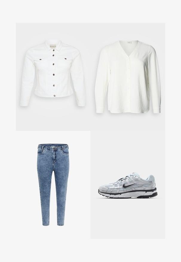 Weiße Jeansjacke mit langen Ärmeln, Knopfverschluss, zwei Brusttaschen und silberfarbenen Knöpfen. Glatte Textur und verkürzte Passform.; Weißes, langärmeliges Hemd mit Knöpfen und V-Ausschnitt. Es verfügt über einen strukturierten Stoff und einen geraden Schnitt sowie sichtbare Knöpfe vorne und Manschetten.; Blaue Skinny Jeans aus Denim mit hoher Taille, fünf Taschen und einem Reißverschluss. Der Stoff hat eine leicht ausgewaschene Textur mit kontrastierenden Nähten.; Nike P-6000 Sneakers mit einem Obermaterial aus leichtem grauem Mesh, schwarzen Akzenten und einer langlebigen schwarzen Gummisohle. Verfügt über ein komplexes Design und ein Schnürsystem.