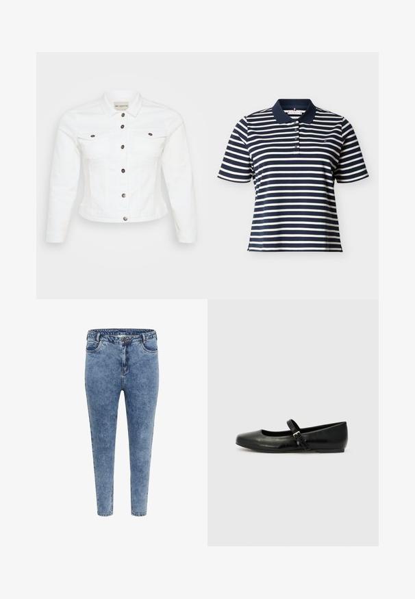 Witte denimjack met lange mouwen, knoopsluiting, twee borstzakken en zilverkleurige knopen. Glad textuur en cropped ontwerp.; Navyblauw en wit horizontaal gestreept poloshirt met korte mouwen, een navyblauwe kraag en vier knopen op de knoopsluiting.; Blauwe denim skinny jeans met een hoge taille, vijf zakken en een ritsluiting. De stof heeft een licht vervaagde textuur met contrasterende stiksels.; Zwarte leren balletschoenen met een ronde neus, een platte zool en een dunne verstelbare band over de wreef met een metalen gesp.